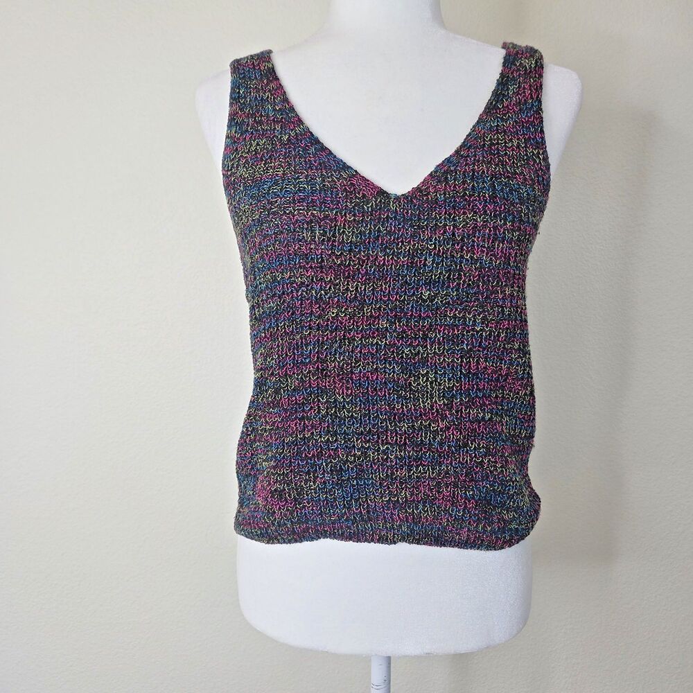 Jolie & Joy Knit Tank Top V-Neck Sleeveless Black Neon Rainbow Speckle Size Lrg